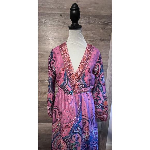 Vintage maxi dress sz M vacation resort Cleopatra Pink Long V Neck - Picture 2 of 10